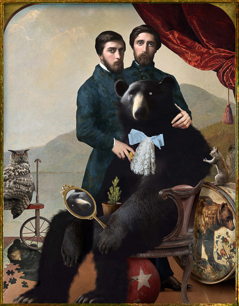 In "Am I a Real Bear" by Corinne Geertsen two men stand behind a bear who is trying to figure out if he's a real bear. In the picture there is a drum with a bear on it, are ball, an owl on a scooter and an unfinished bear puzzle. The bear is looking in a mirror. There is a baby tree in his lap. A concerned squirrel is at the bear's elbow. The men are slipping the bear a gold coin.