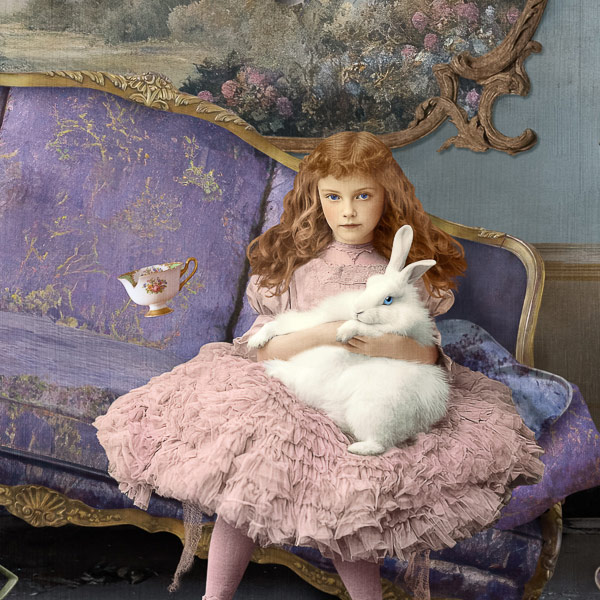 In "High Tea" by Corinne Geertsen, detail of a girl on a sofa holding a white rabbit.