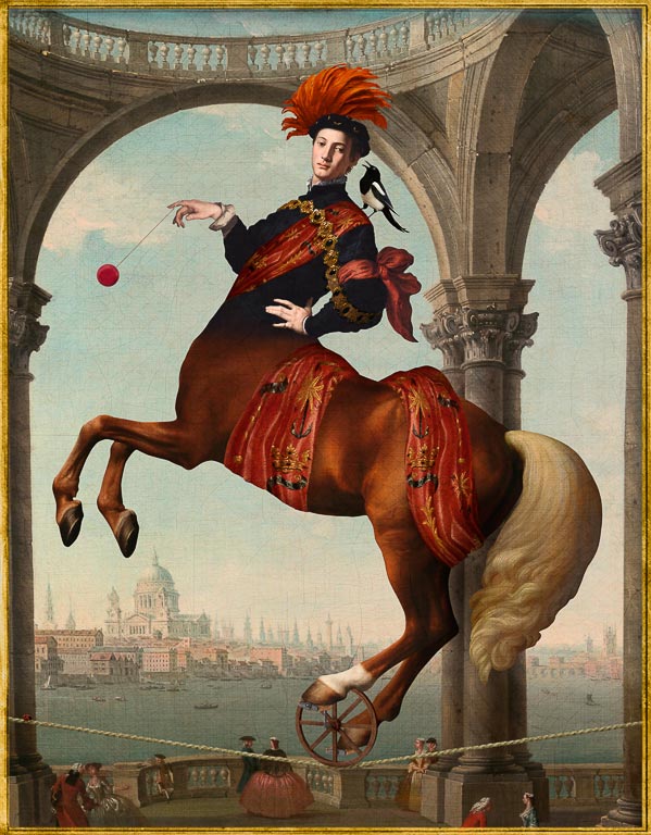In “His Radiance” by Corinne Geertsen a centaur, dressed luxuriantly, rides a unicycle across a tightrope. He has a magpie on his shoulder and is playing with a yo-yo. Behind him are arches and an open sky.