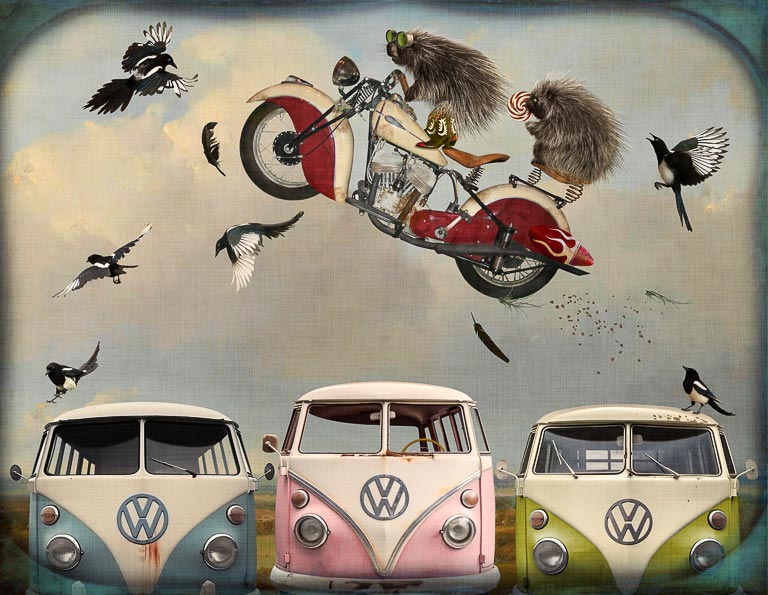 In "Madcap Hijinks" by Corinne Geertsen a porcupine jumps a vintage motorcycle over three Volkswagen buses. Another porcupine holds a lollipop and rides on a seat attached to the back fender of the motorcycle. Six magpies harangue them.