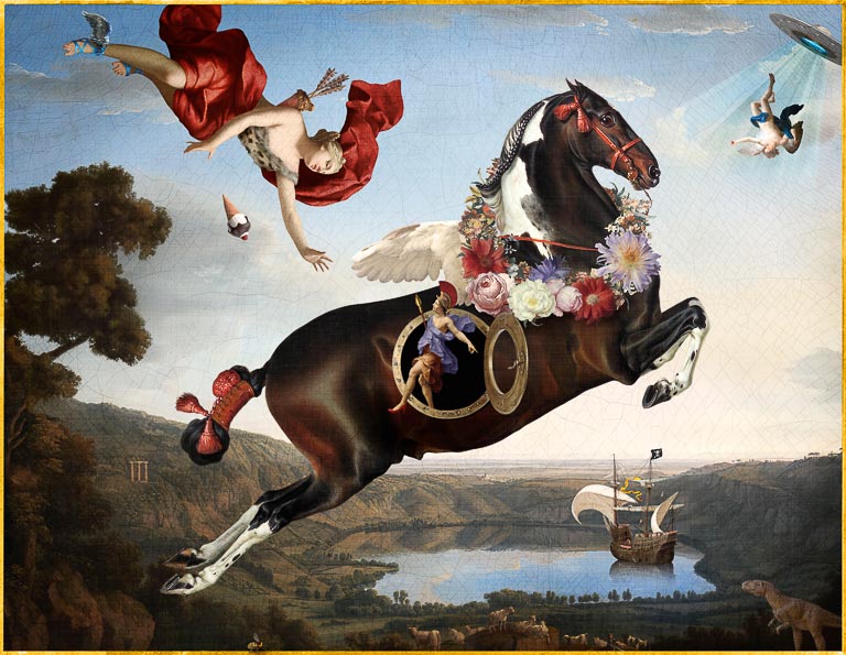 In "Mythology Goes Awry" by Corinne Geertsen, Pegasus has tiny wings, a floral wreath around his neck, and an open porthole on his side. Achilles is walking out of the porthole and wearing red high heels. Diana, wearing Hermes' sandals falls towards Pegasus. She's dropped her ice cream cone. A god is beamed up by a flying saucer. There is a pirate ship in a lake. A dinosaur stalks a herd of goats.