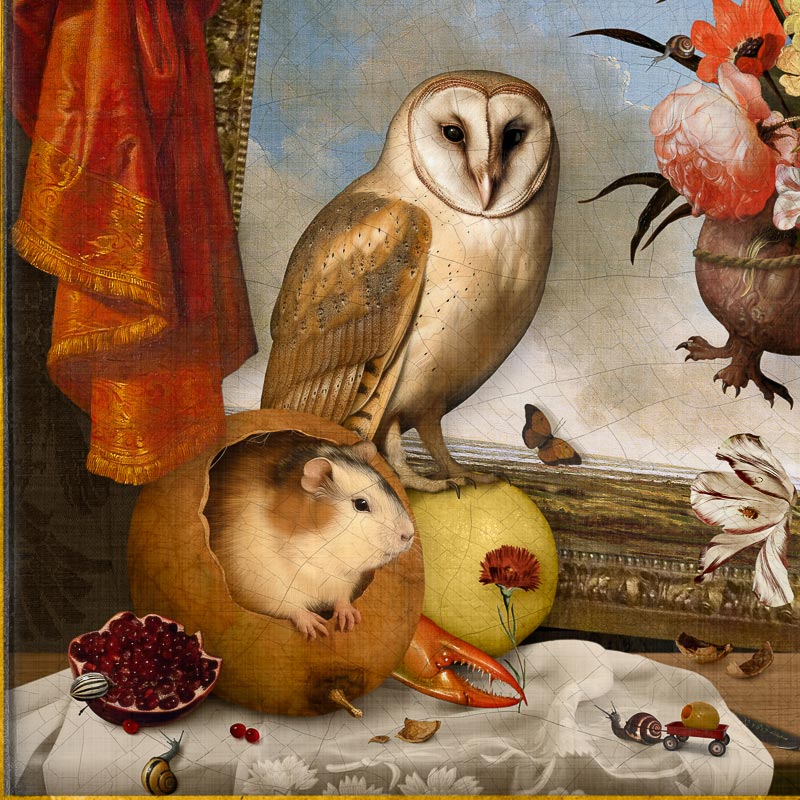 Still Life Takedown detail 1 by Corinne Geertsen. An owl perches on a grapefruit. A guinea pig looks out of a squash. A beetle crawls on a pomegranite.