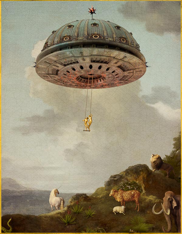 In "There Goeth the Neighborhood" by Corinne Geertsen, a flying saucer delivers Adam and Eve to the Garden of Eden while the animal populace looks on.