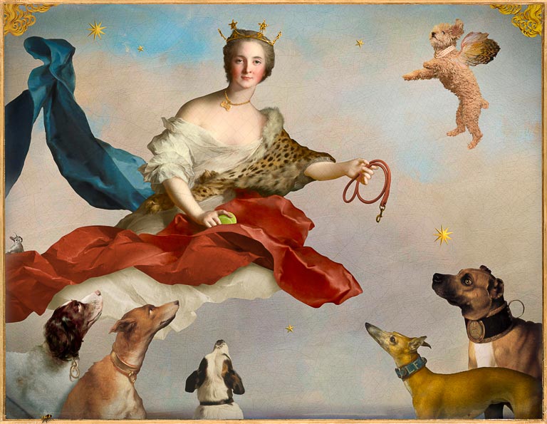In "Walkies" by Corinne Geertsen,A crowned Diana goddess floats in the air holding a tennis ball in one hand and a leash in the other. She wears a golden necklace with a dog bone pendant. A terrier with wings and wearing pearls floats in the air. Five dogs in the foreground are fixated on her. There are 5 golden stars in the sky. A squirrel peeks from behind her robes.
