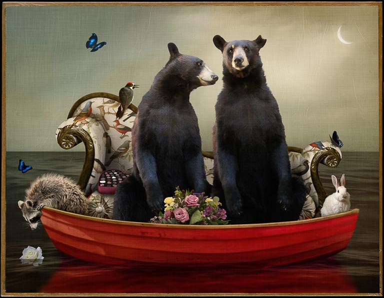 in "Wild About You" by Corinne Geertsen, two black bears honeymoon in a red boat with animal friends, flowers and chocolates.