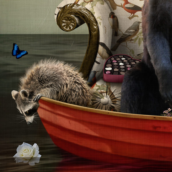 in "Wild About You" by Corinne Geertsen, two black bears honeymoon in a red boat with animal friends, flowers and chocolates.